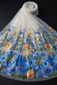 Tissu en tulle brodé motif prairie florale ivoire, dentelle florale pour filles, bleu orange, articles botaniques en stock - Product Image 5