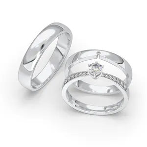 Conjunto de anillos de boda personalizados para hombre y mujer, joyería de oro blanco de 10K, piedra de circón de oro Real, juego de anillos de compromiso