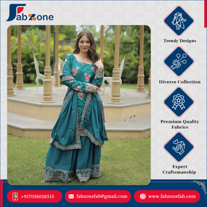 Premium Designer Ready Made Round Neck Embroidery Work Chinnon Printed Traditional <b>Kurti</b> Palazzo Dupatta Set for Festival - Product Image 3