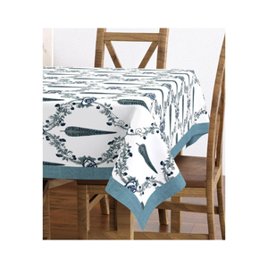Blue Printed <b>Tablecloth</b> Cotton Floral Motif Border Design Rectangle Dining Cover Home Textile Supplier Bulk Wholesale OEM - Product Image 4