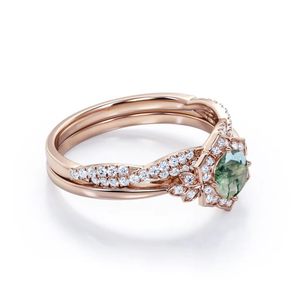 Anillo de bodas de plata de ley 925 para mujer, ágata de musgo redonda y Zirconia cúbica, joyería de plata de compromiso, anillos de moissanita - Product Image 6