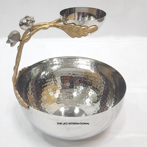 Bol décoratif pour la maison, en aluminium poli, avec bordure en branches créatives et martelage argenté, pour la table, en vente - Product Image 5