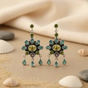 Boucles d'oreilles pendantes en argent 925 avec topaze bleue plaquées or et or rose pour femme, idée cadeau pour mariage ou fête - Product Image 2