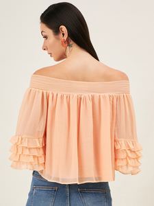 Haut à manches raglan en mousseline de soie sur mesure avec épaules smockées et détail à volants Convient aux clients de la boutique et au revendeur de vêtements - Product Image 5