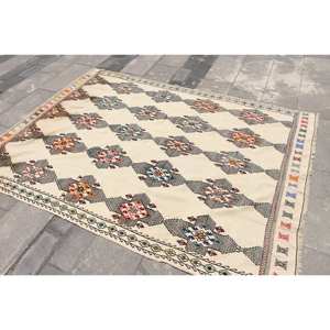 Alfombra de lana blanca tradicional 5,3X7,3 pies hecha a mano rectángulo turco patrón de pasillo diseño de retazos látex de 10mm para dormitorio - Product Image 2