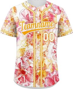 Maillot de baseball rose à motifs floraux, chemise de softball à boutons, uniforme sportif personnalisé avec nom et numéro d'équipe, manches courtes, 100% polyester Lamatex - Product Image 6