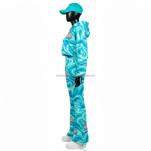 ชุดวอร์มผู้หญิงคุณภาพสูง ผ้าโพลีเอสเตอร์ผสมสแปนเด็กซ์ 280 GSM ลายพิมพ์สีฟ้าคราม พร้อมโลโก้สกรีน  ไซส์พลัส - Product Image 3