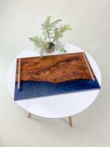 Solid Walnut Wood Ocean Blue Epoxy Resin Serving Tray Rose Gold Metal Handles Handmade Charcuterie Board <b>Kitchen</b> Dining Platters - Product Image 6