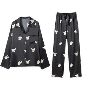 Conjunto de Pijamas de Seda Satén de Alta Calidad para Mujer, Estampado Personalizado, de 2 Piezas, Manga Larga, Informal, para Estar en Casa, Transpirable, Lavable a Máquina - Product Image 1