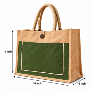 Olive <b>Green</b> Cotton Jute Tote <b>Bag</b> 16 x 13 x 6 Inch Front Pocket Button Closure Custom Logo Wholesale - Product Image 1