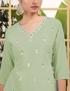 Elegant Women's <b>Three</b>-Piece Bollywood Style Outfit Embroidered Kurta Set with Long Tunic Palazzo Pants Festive Casual Styling - Product Image 5