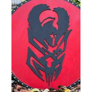 Bouclier rond viking rouge fait à la main avec emblème de guerrier noir Bouclier en bois médiéval pour la reconstitution de cosplay et la décoration murale - Product Image 3