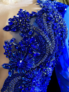 ชุดราตรีกูตูร์สีฟ้างานทำด้วยมือผ้าตาข่ายยาวเต็มผ้าตัดปะติดคริสตัลพลอยเทียมเพชรชุดงานพรอมธรรมชาติ - Product Image 5