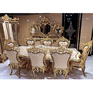 Italian Traditional Antique Gold <b>8</b> Seater Teak Wood <b>Dining</b> Table and <b>Chairs</b> Set Luxury Design Royal Hand Carved - Product Image 1