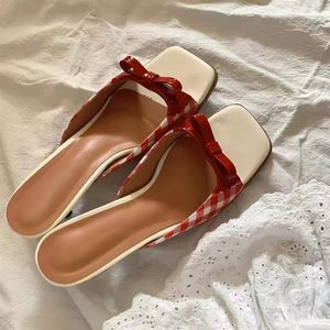 2026 Hot Cute Red Plaid Bow Detail Kitten Heel <b>Slides</b> Square Toe Open Back Summer Sandals - Product Image 4
