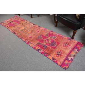 Tapis en laine tissé plat rose orange vintage de 2,6x9,8 pieds, motif patchwork turc pour décor de salon, largeur de 4m avec support en latex - Product Image 4