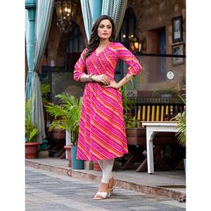 <b>Peach</b> Cotton Lehariya Straight Kurti Hand Drawn Printed Pakistani Style Salwar Kameez Party Wear Stitched Clothing - Product Image 5