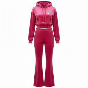 Luxury <b>Velvet</b> Women's Formal Plus Size 2 Piece Set Cropped Hoodie Flare Pants Velour <b>Tracksuit</b> Custom Logo - Product Image 1