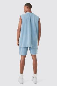 Color café Nuevo diseño Oversized Washed Heavyweight Waffle Tank & Shorts Set Gym & Workout Wear Hombres 2 piezas Tank & Shorts - Product Image 6