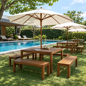 Ensemble table et bancs de jardin en teck moderne avec parasol pour jardin, bord de piscine, terrasse, café, restaurant, hôtel - Product Image 1