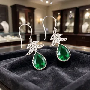 Women’s 925 Sterling Silver Bohemian Drop Earrings Geometric Pattern Green <b>Emerald</b> Bezel <b>Set</b> Handmade Dangle Earrings - Product Image 1