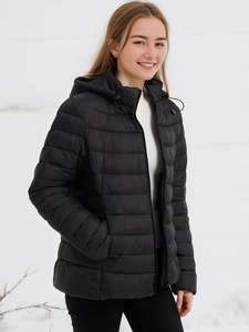 <b>Women's</b> High Street Style Cropped Quilted Puffer <b>Jacket</b> with Hood Warm <b>Zip</b>-<b>up</b> Canvas Coat Front Logo for Winter - Product Image 4