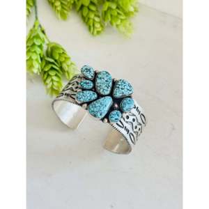 Charles Johnson High Grade Black Spiderweb Turquoise Cluster <b>Cuff</b> <b>Bracelet</b> with Sterling <b>Silver</b> Fashionable Accessory - Product Image 3