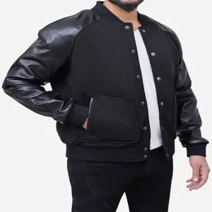 Blouson universitaire en laine fait main, de renommée mondiale, écologique, imperméable, coupe ajustée, col montant, fin, pour homme, noir - Product Image 5