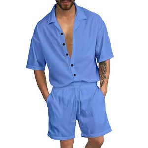 Fibre de polyester costumes d'été vêtements pour hommes décontracté revers couleur unie chemise aléatoire boutonné Cardigan à manches courtes ensembles de shorts - Product Image 5