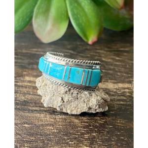 Navajo Handmade Kingman <b>Turquoise</b> Sterling Silver Inlay Statement <b>Ring</b> Size 11 - Product Image 4
