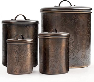 <b>Set</b> of 4 Hammered Dark Antique Copper Kitchen Storage <b>Canister</b> with wood lid Vintage Home Metal Storage <b>Canister</b> - Product Image 3