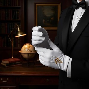 Gold Square & Compass Masonic Embroidered Cotton Gloves - [<b>White</b>] One Size Fits Most Perfect for Your Ceremonial Needs - Product Image 5