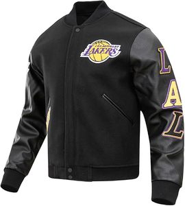 Chaqueta Bomber Bordada de los Lakers de Los Ángeles, con Mangas de Cuero Negro y Ribete en Contraste, Chaqueta Deportiva Clásica para Adultos - Product Image 3