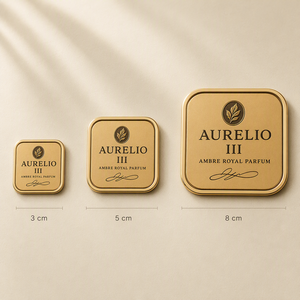 Étiquettes de flacon de parfum en métal doré mat carré arrondi avec logo personnalisé, bordure dorée, autocollant en aluminium avec police <span class=keywords><strong>serif</strong></span> - Product Image 2