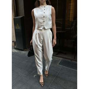 Conjunto de Dos Piezas Mybeefashion para Mujer: Chaleco Elegante Casual sin Mangas de Mezcla de Algodón Blanco y Pantalones Anchos de Cintura Alta - Product Image 2