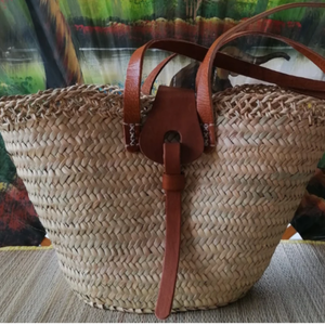 Sac en cuir à longues poignées-sac de Shopping de marché panier de plage en osier de paille - Product Image 1