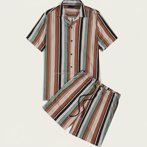 Conjunto de Pantalones Cortos a Rayas Personalizados para Hombre - Rayas Verticales Marrón y Verde Azulado, Conjunto Casual de Verano de 2 Piezas - Product Image 1