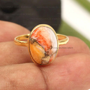 Bague en pierre précieuse turquoise et cuivre pour huître épineuse naturelle 10x14mm de forme ovale en argent sterling 925 plaqué or 18 carats Vermeil d'éternité - Product Image 1