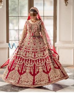 HEAVY EMBROIDERY on <b>RED</b> BRIDAL-<b>BLOUSE</b>,LEHENGA & DUPATTA WITH EMBELLISHED CRYSTAL GLASS BEADS,STONE,DABKA WORK for WEDDING=2024 - Product Image 1