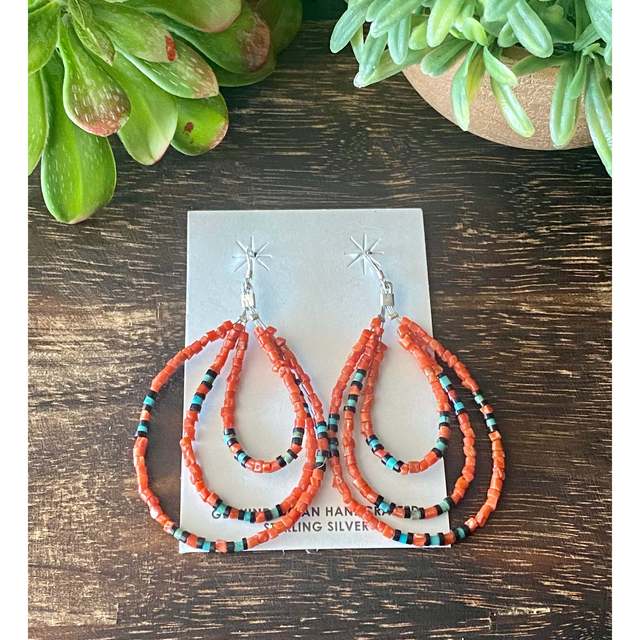 Navajo Multi-Stone & Sterling Silver Beaded Dangle Drop Earrings Handmade Artisan Jewelry