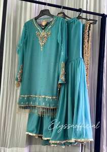 Vestido de fiesta de boda indio pakistaní para adultos SALWAR KAMEEZ BOLLYWOOD SUIT SHARARA con trabajo de bordado pesado - Product Image 4