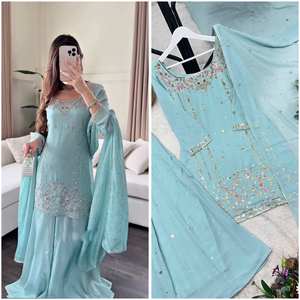 Sharara Gharara, Traje Indio con Bordado, Reversible para Invierno, para Fiestas, Cosido en Georgette, Midi, Diseño Tradicional Étnico - Product Image 1