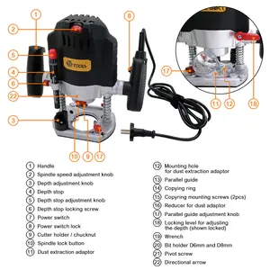 Routeur à immersion électrique industriel professionnel certifié TUV/GS/CE avec extraction de poussière, accessoires complets inclus - Product Image 2