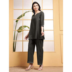 Ensemble coordonné Deebco pour femmes en coton vert olive uni, haut brodé avec pantalon palazzo, tenue en 2 pièces, vêtements décontractés quotidiens, style occidental - Product Image 5