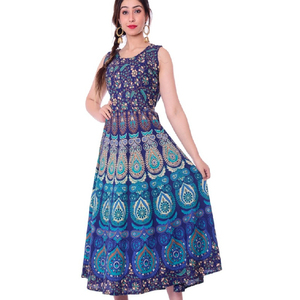 Jaipuri เดรสยาวแฟชั่นสีฟ้าพิมพ์ลายดอกไม้สำหรับผู้หญิงทำจากผ้าฝ้ายมีแขนสำหรับงานแต่งงานและชายหาด - Product Image 1