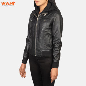 Blouson d'aviateur en cuir noir véritable pour femmes Vêtements d'extérieur d'hiver décontractés, élégants et chauds, col montant, fermeture à glissière, capuche amovible - Product Image 4