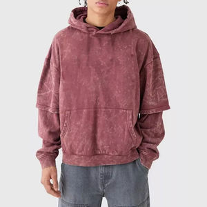 Sudadera con capucha de manga doble lavado ácido para hombre de fábrica de la mejor calidad, ropa de calle desgastada vintage de gran tamaño en talla XXS - Product Image 1