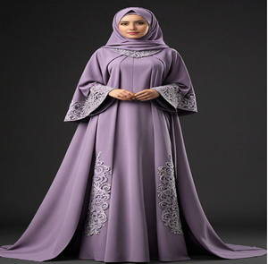Abaya bleu poussiéreux sereine avec broderie florale noire sur le corsage et l'ourlet, accompagnée d'un hijab assorti. - Product Image 1