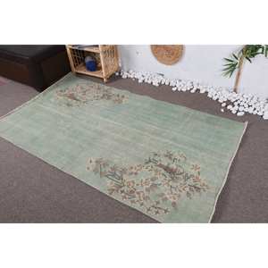 Tapis en laine floral vintage turc classique vert et marron 3.8 'X 6.6' Design patchwork abstrait avec support en latex pour adolescents - Product Image 3