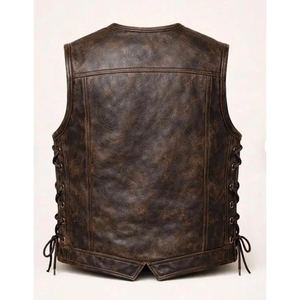 Gilet de motard en cuir véritable pour homme, style décontracté chic, col en V vintage personnalisé, résistant aux abrasions, vêtement d'extérieur pour l'automne - Product Image 2